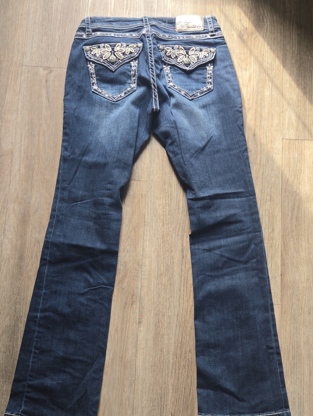 Grace in LA Embroidered Dark Blue Flare Jeans